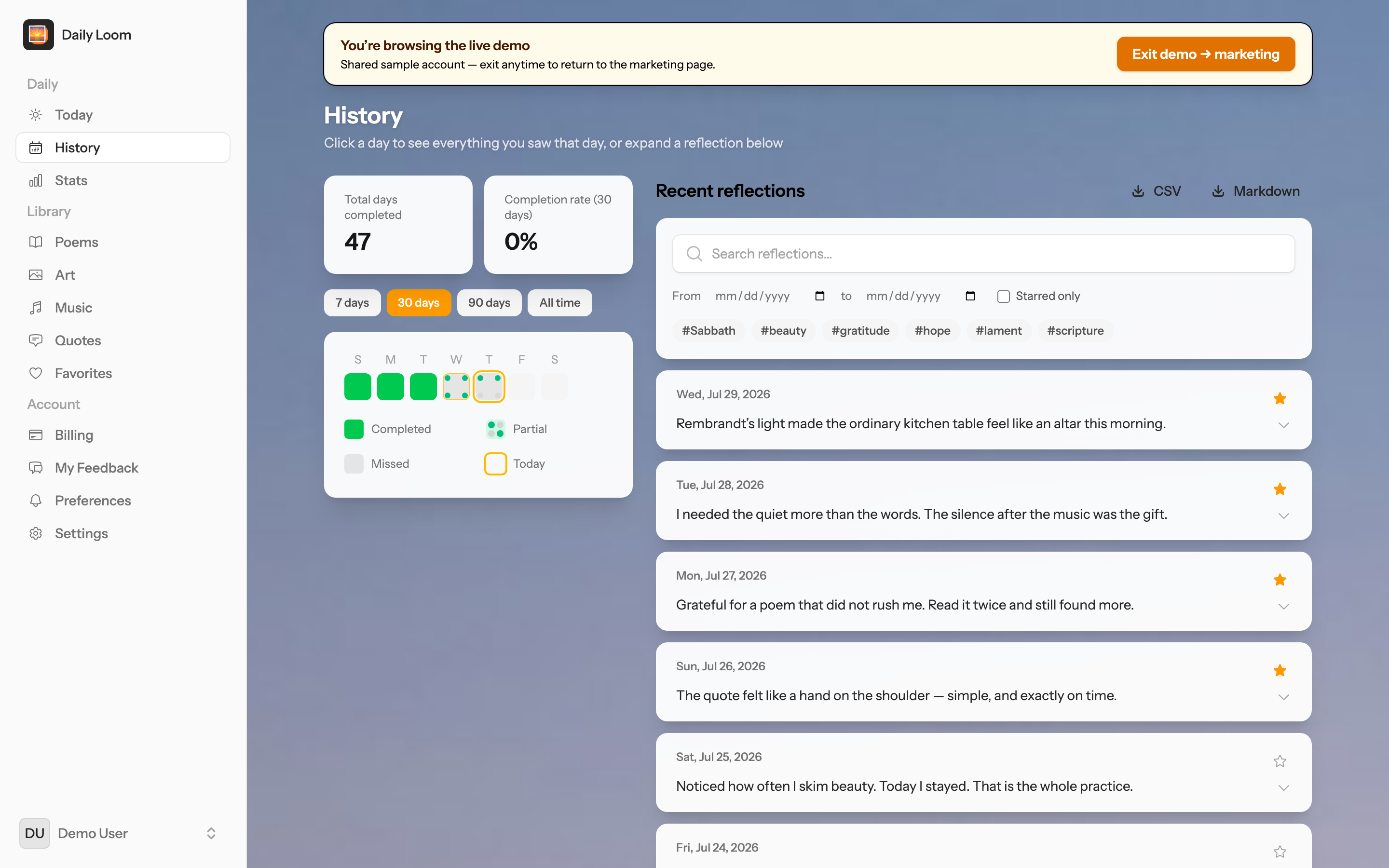History — reflections, tags, and search