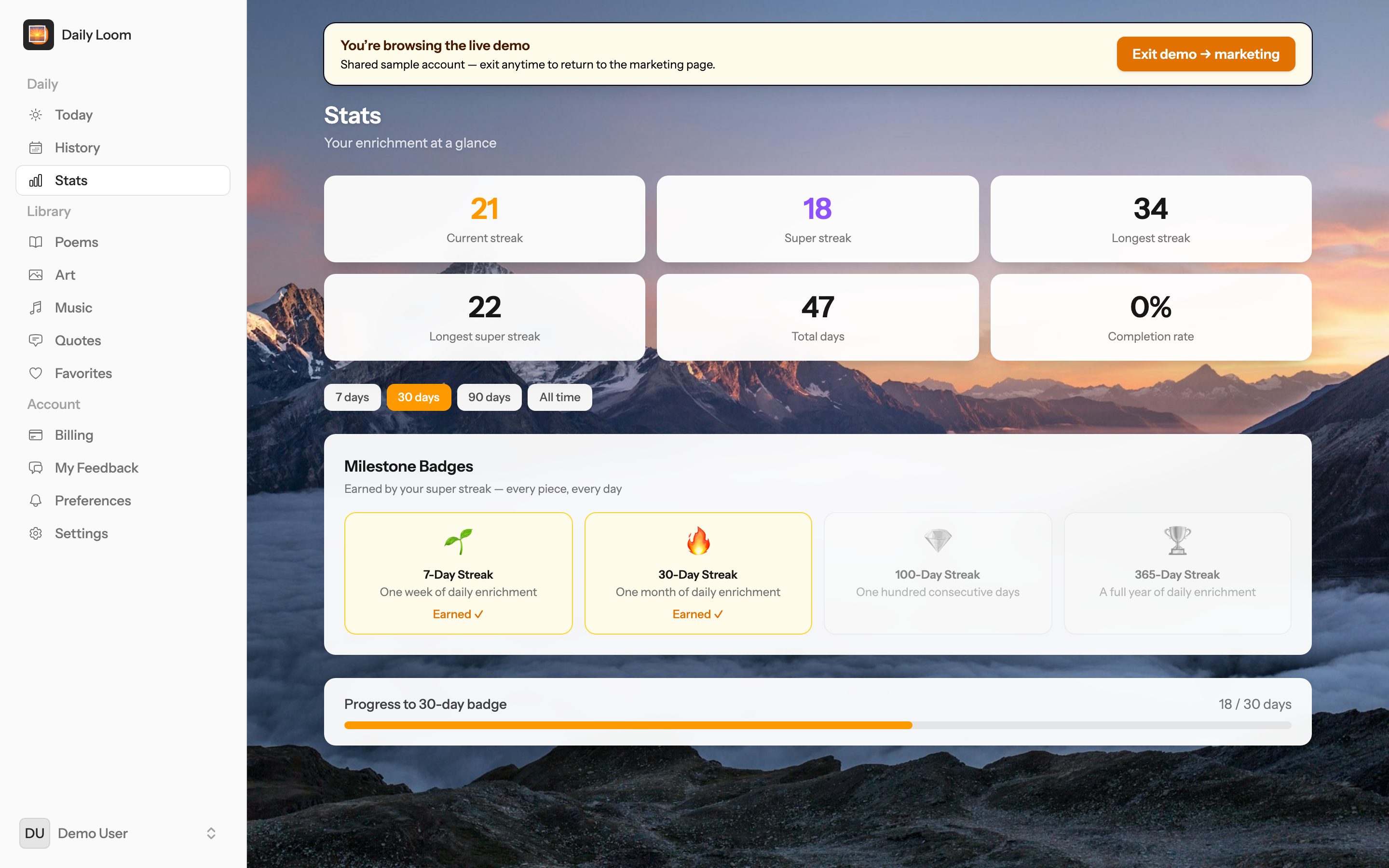Stats — streaks, completion, and badges